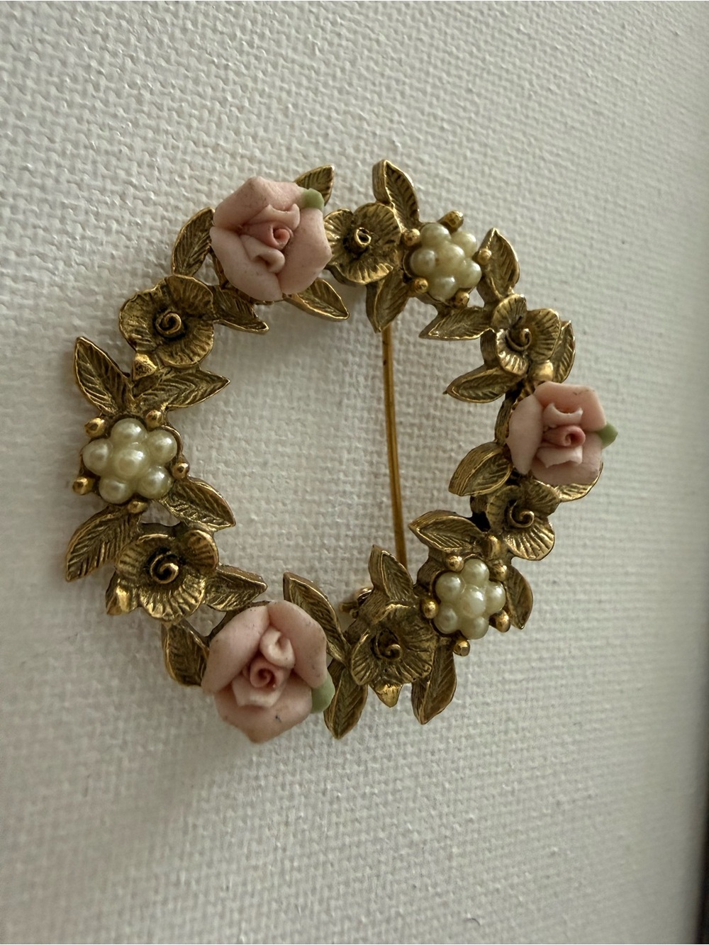 Vintage 1928 Gold Floral Wreath Brooch with Pink Rose Accents